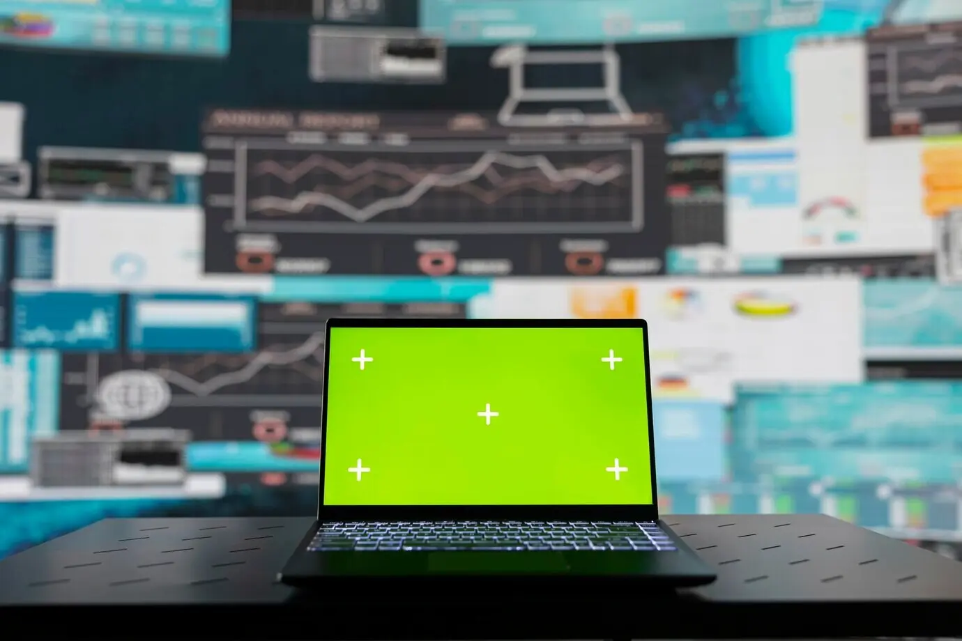 Laptop mit Bildschirm mit Platz für Text auf einem leeren Schreibtisch neben Leistungskennzahlen.