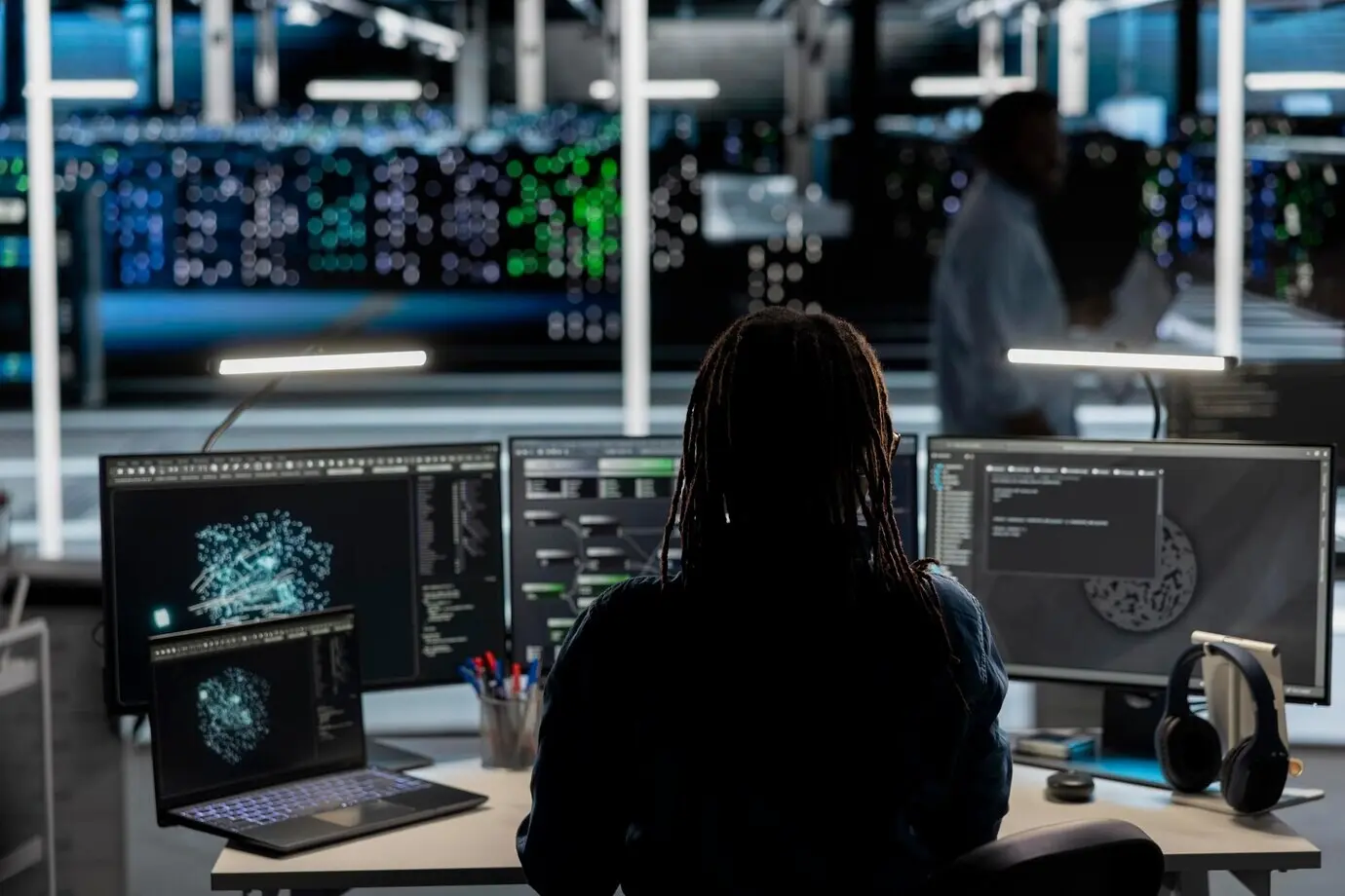 Ein Rechenzentrumsentwickler nutzt ein KI-Visualisierungstool auf einem PC, um Aufgaben zu überwachen.