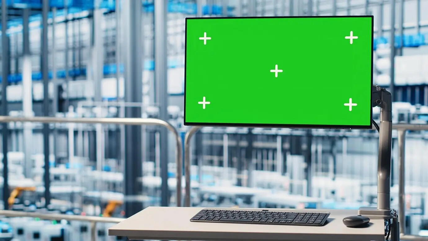 In einer Smart Factory auf einem Mockup-Monitor mit grünem Bildschirm angezeigte Tracking-Software.