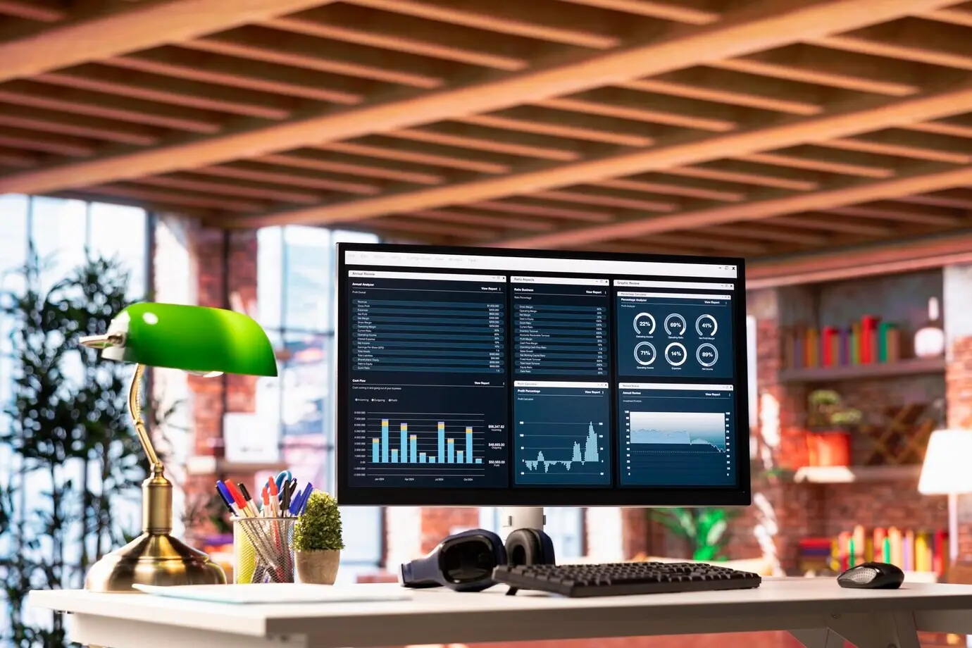 Benutzeroberfläche eines Finanzprogramms auf einem PC-Bildschirm auf einem Homeoffice-Schreibtisch.