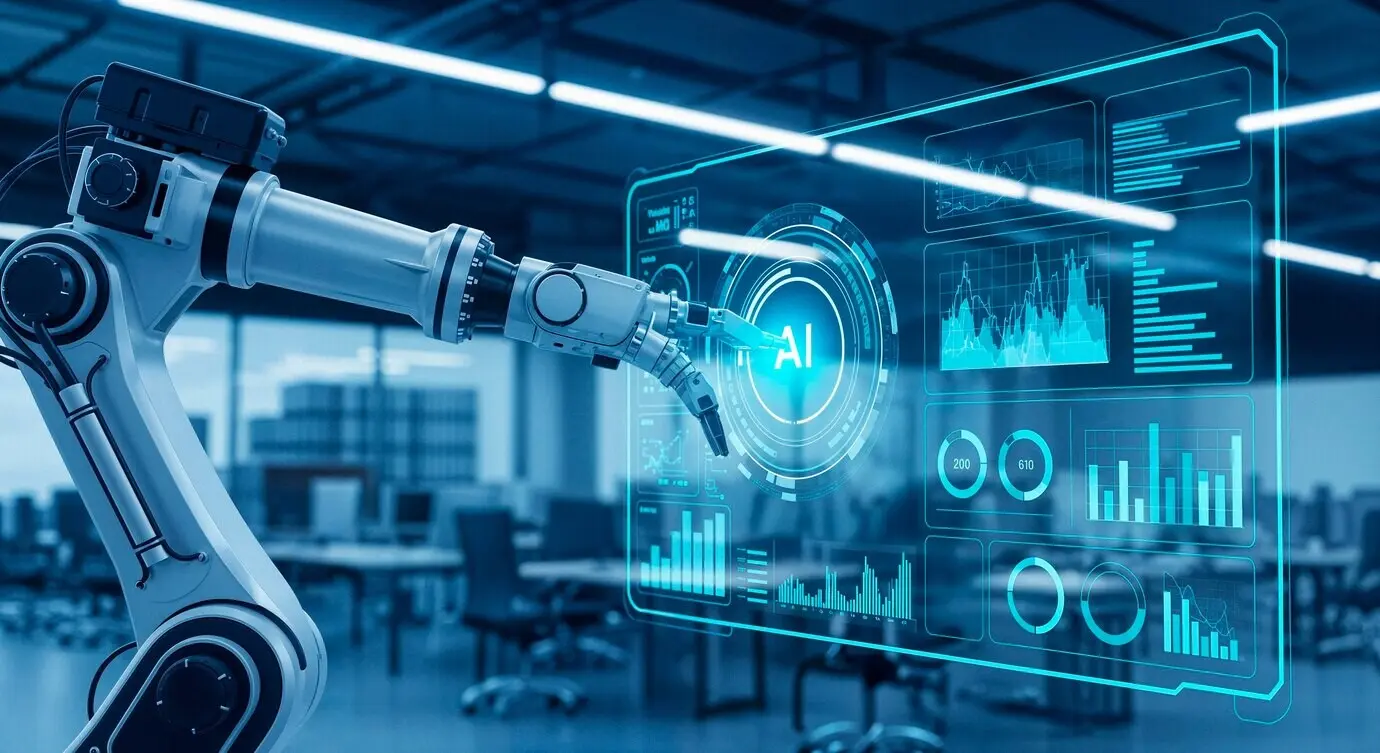 KI-Roboter, der mit einer futuristischen Datenschnittstelle interagiert.